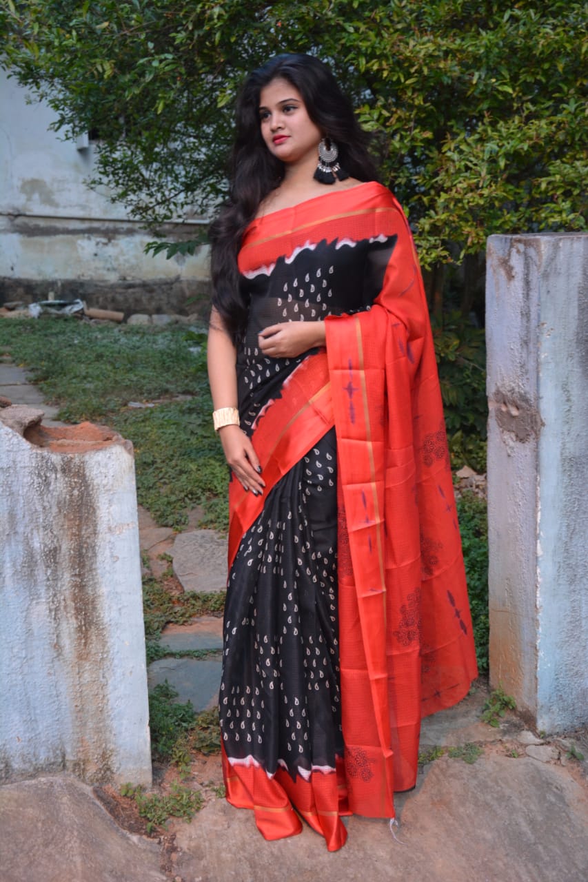 Black And Red Soft Cotton Saree With Satin Border