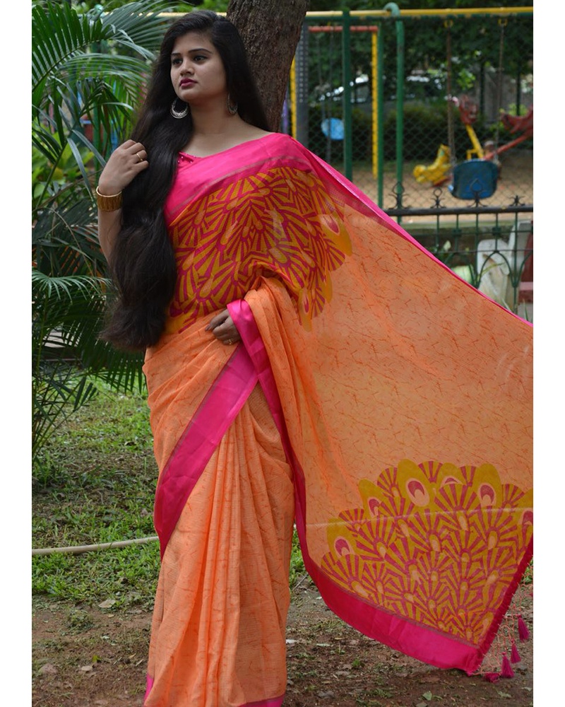 Orange Soft Cotton Saree With Satin Border