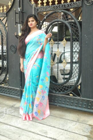 Sky Blue Soft Cotton Saree With Satin Border