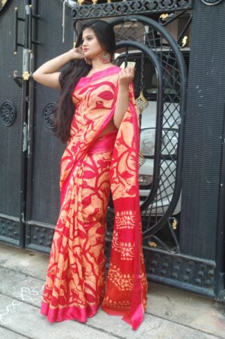Yellow And Red Soft Cotton Saree With Satin Border