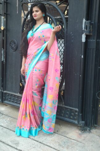 Pink Soft Cotton Saree With Satin Border