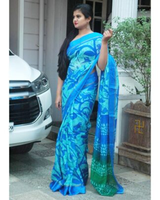Blue Soft Cotton Saree With Satin Border