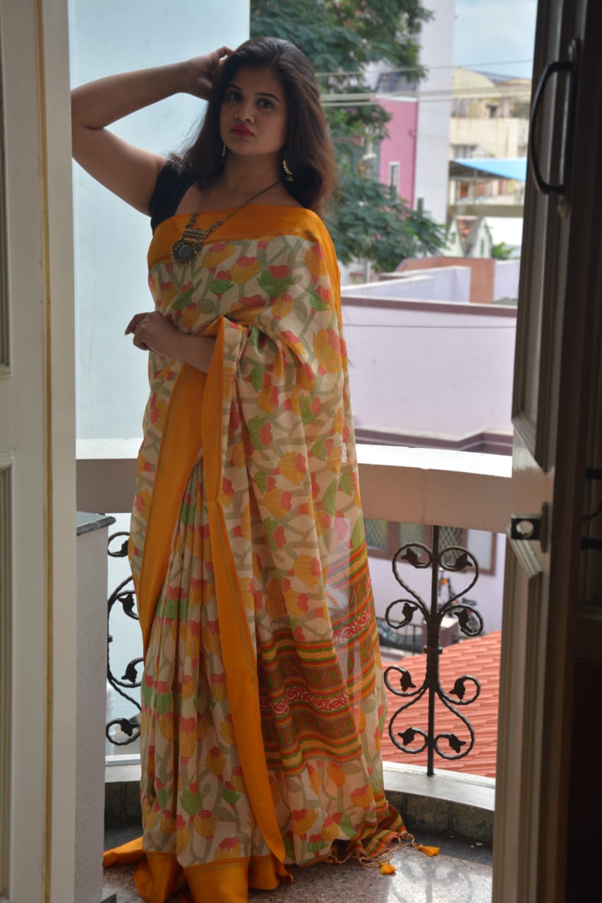 Multicolor Soft Cotton Saree With Satin Border
