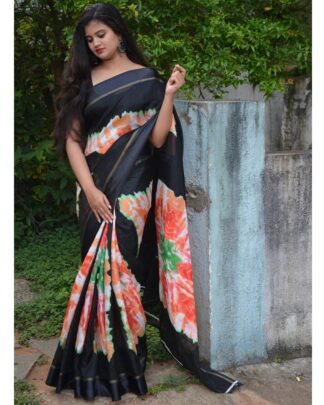 Black Soft Cotton Saree With Satin Border