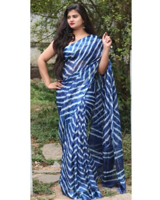 Blue And White Soft Cotton Saree With Satin Border