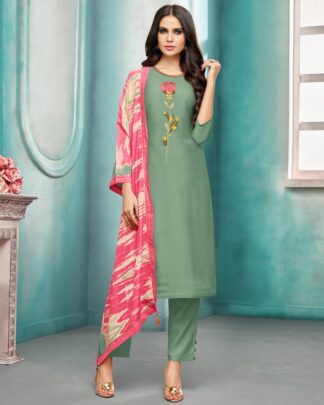 Masline Silk Semi Stitched Dress Material In Green
