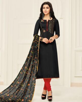 Chanderi Cotton Semi Stitched Dress Material In Black