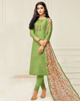 Chanderi Cotton Semi Stitched Dress Material In Green