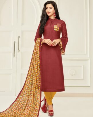 Chanderi Cotton Semi Stitched Dress Material In Maroon