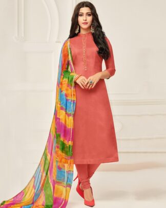 Chanderi Cotton Semi Stitched Dress Material In Peach