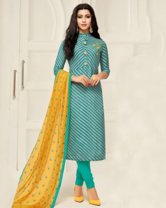 Chanderi Cotton Semi Stitched Dress Material In Gray, Turquoise