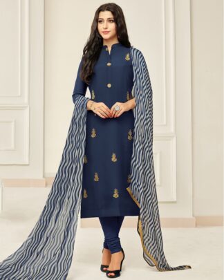 Chanderi Cotton Semi Stitched Dress Material In Navy