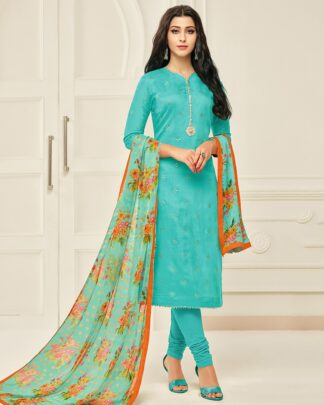 Chanderi Cotton Semi Stitched Dress Material In Turquoise