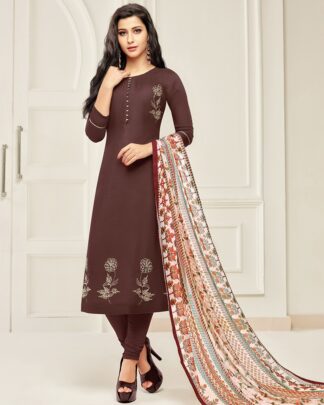 Chanderi Cotton Semi Stitched Dress Material In Brown