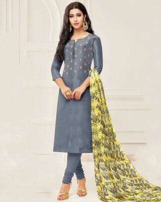 Chanderi Cotton Semi Stitched Dress Material In Gray