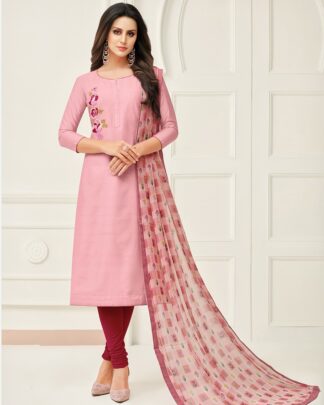 Chanderi Cotton Semi Stitched Dress Material In Pink