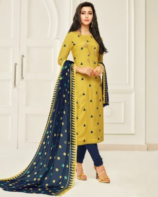Chanderi Cotton Semi Stitched Dress Material In Mustard