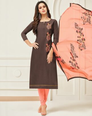 Chanderi Cotton Semi Stitched Dress Material In Brown