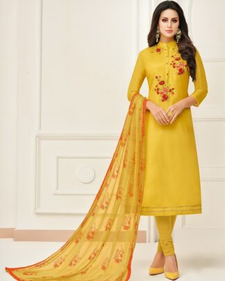Chanderi Cotton Semi Stitched Dress Material In Yellow