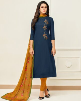 Chanderi Cotton Semi Stitched Dress Material In Navy
