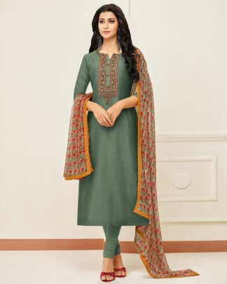 Chanderi Cotton Semi Stitched Dress Material In Green