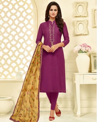 Chanderi Cotton Chudidar Semi Stitched Dress Material In Magenta