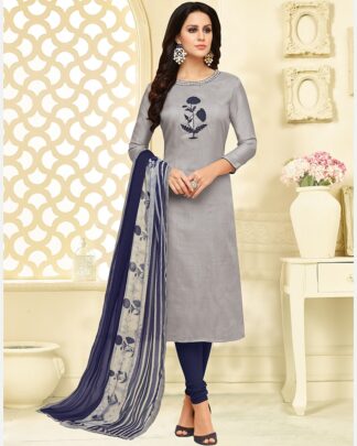 Chanderi Cotton Semi Stitched Chudidar Suit In Gray
