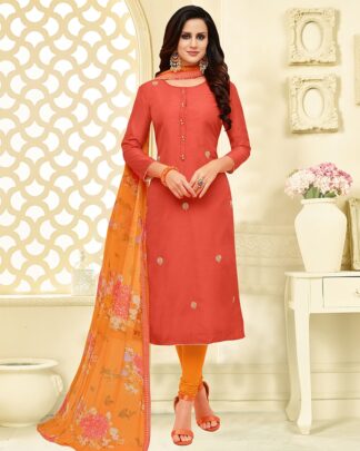 Chudidar Chanderi Cotton Semi Stitched Salwar Suit In Orange