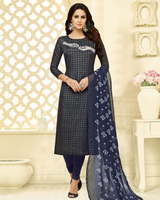 Semi Stitched Chanderi Cotton Chudidar In Gray And Navy