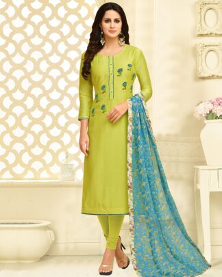 Chanderi Cotton Semi Stitched Chudidar Suit In Light Green