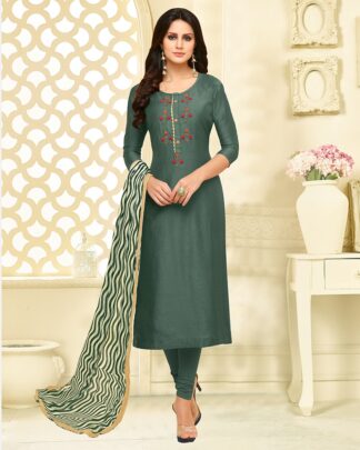 Green Chudidar Chanderi Cotton Semi Stitched Dress Material