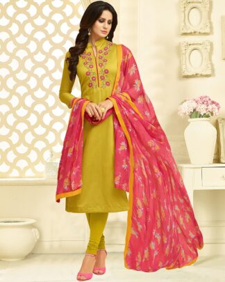 Chanderi Cotton Chudidar Mustard Semi Stitched Dress Material
