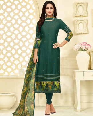 Chanderi Cotton Chudidar Suit Semi Stitched In Green