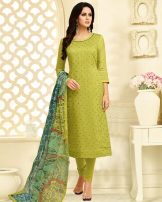 Chanderi Cotton Semi Stitched Chudidar Dress Material In Light Green