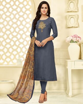 Chudidar Chanderi Cotton Semi Stitched Dress Material In Gray
