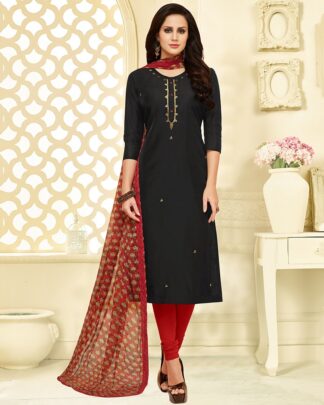 Chanderi Cotton Chudidar Semi Stitched Dress Material In Black