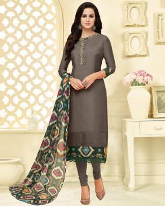 Chanderi Cotton Chudidar Semi Stitched Dress Material In Gray