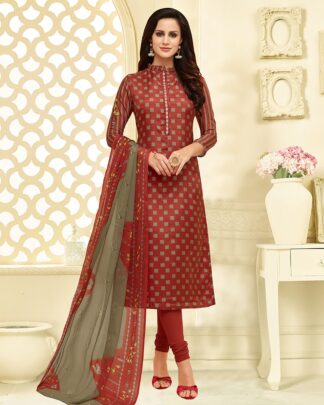 Chanderi Cotton Chudidar Semi Stitched Dress Material In Maroon