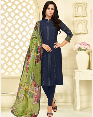Chanderi Cotton Semi Stitched Chudidar Dress Material In Navy