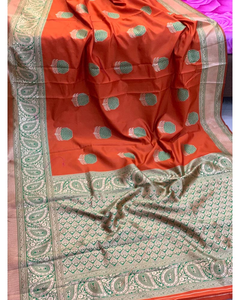 Orange Banarasi Handloom Weaving Silk saree