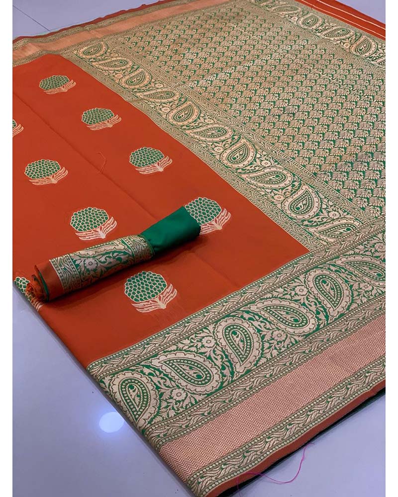 Orange Banarasi Handloom Weaving Silk saree - Image 2