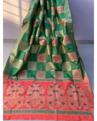 Green And Orange Banarasi Handloom Weaving Silk saree
