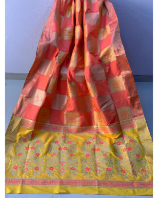 Peach And Yellow Banarasi Handloom Weaving Silk saree