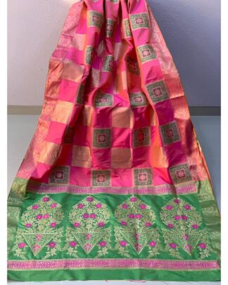 Pink And Green Banarasi Handloom Weaving Silk saree