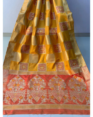Yellow And Orange Banarasi Handloom Weaving Silk saree