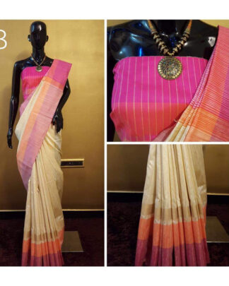 Beige And Pink Khadi Cotton Silk saree