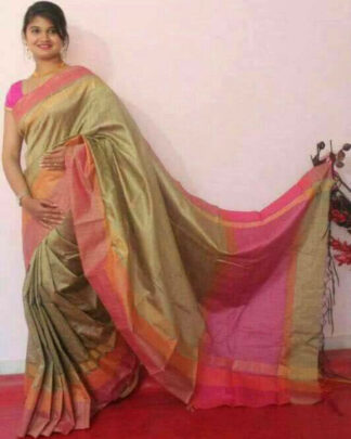 Cream And Pink Khadi Cotton Silk saree