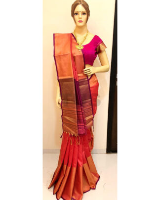 Peach And Purple Khadi Cotton Silk saree