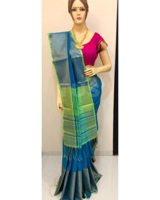 Sky Blue And Green Khadi Cotton Silk saree
