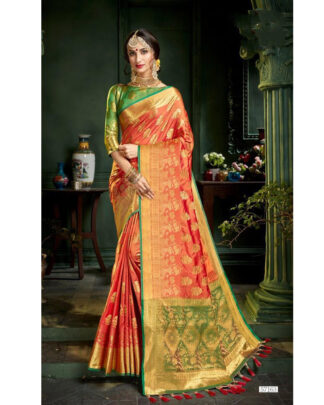 Orange And Green Banarasi Paithani Silk saree